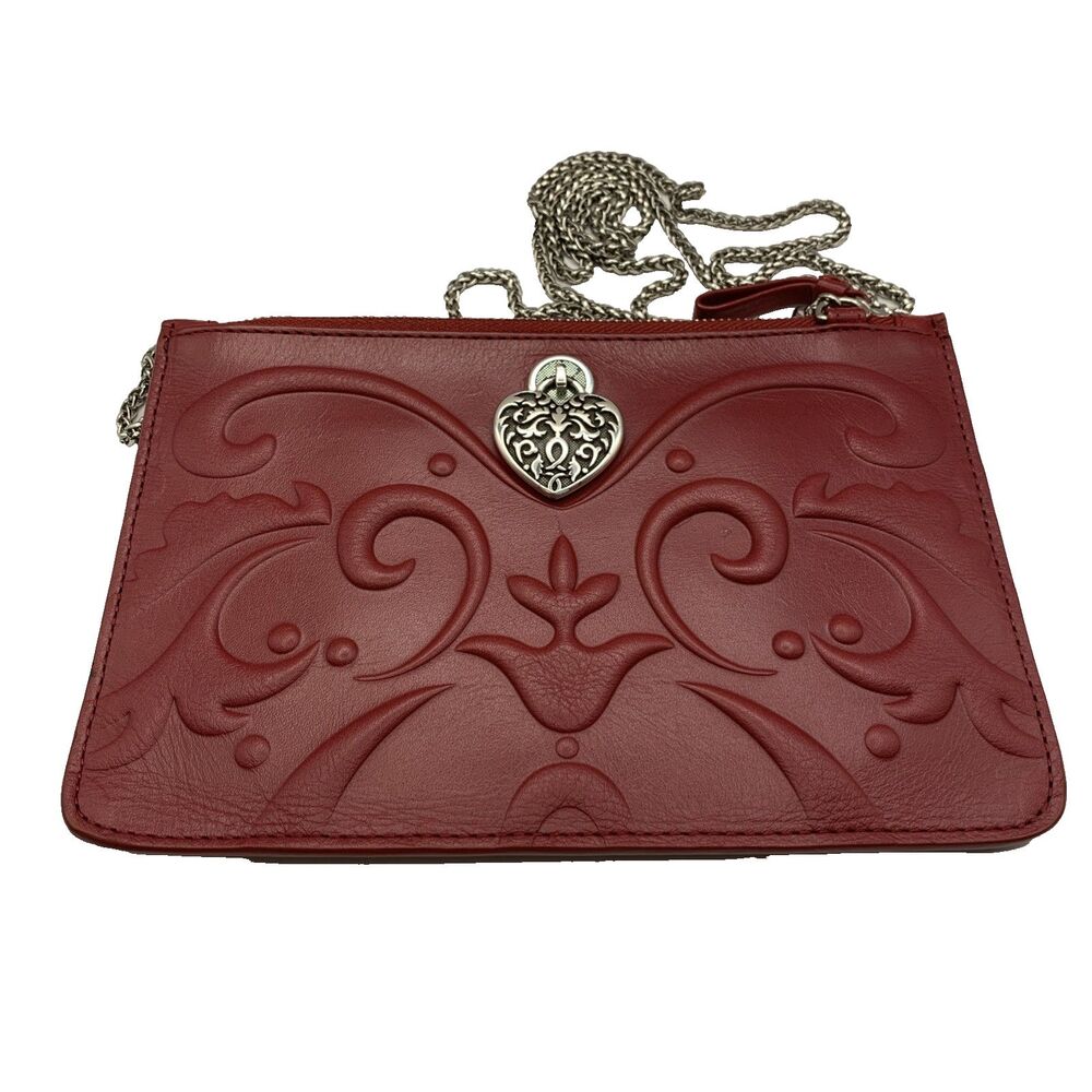 Brighton Ferrara Sangria Leather Wallet Chain Crossbody Bag Embossed Heart NWOT - Picture 4 of 11